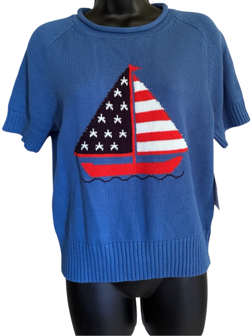 NWT Coastal Grandma Blue Crewneck Americana Sweater Nautical Sailboat Sz M